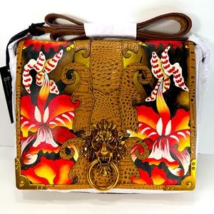 NWT - Beautiful Sharif Safari Orchid Flap-Over Crossbody with Lion's Head Detail